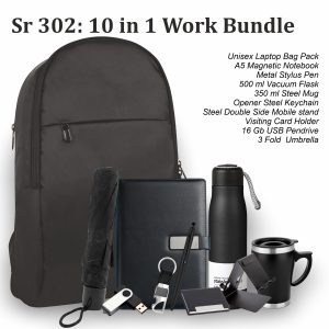 10-in-1 Work Bundle, Joining kit containing a black laptop backpack and nine matching office accessories