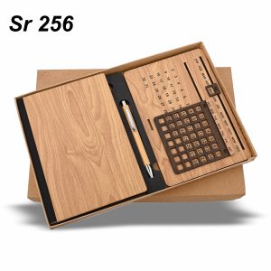 3-in-1 eco-friendly corporate gift set featuring a wooden-textured diary, a matching pen, and a perpetual lifetime desk calendar
