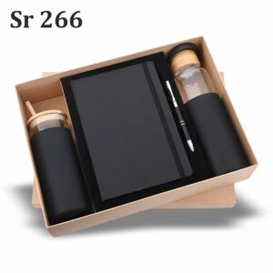 4-in-1 corporate executive gift set (Sr 266) featuring a black notebook diary, pen, bottle with a bamboo lid