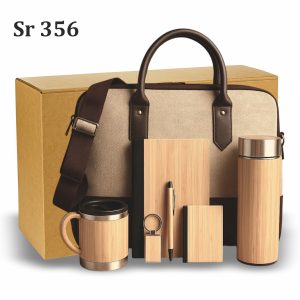 7-in-1 eco-friendly bamboo corporate gift set featuring a canvas laptop bag and matching wooden accessories