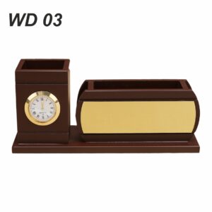 Wooden Pen Stand with Clock Brown