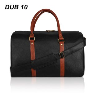 leather travel duffel bag  tan accent straps and an adjustable shoulder sling