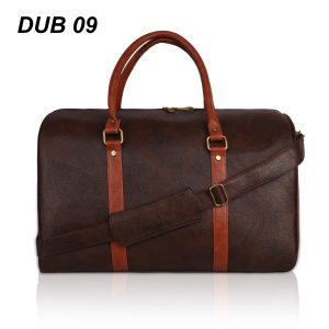 leather travel duffel bag  tan accent straps and an adjustable shoulder sling